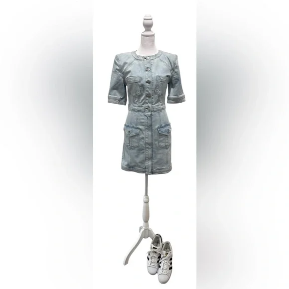 Express Light Blue Denim Padded Shoulder Button up mini dress Size S - Picture 9 of 10